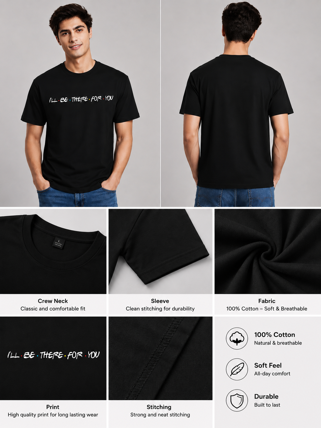 Friends Line Printed Round Neck Regular Pre-customized Tshirt for Men