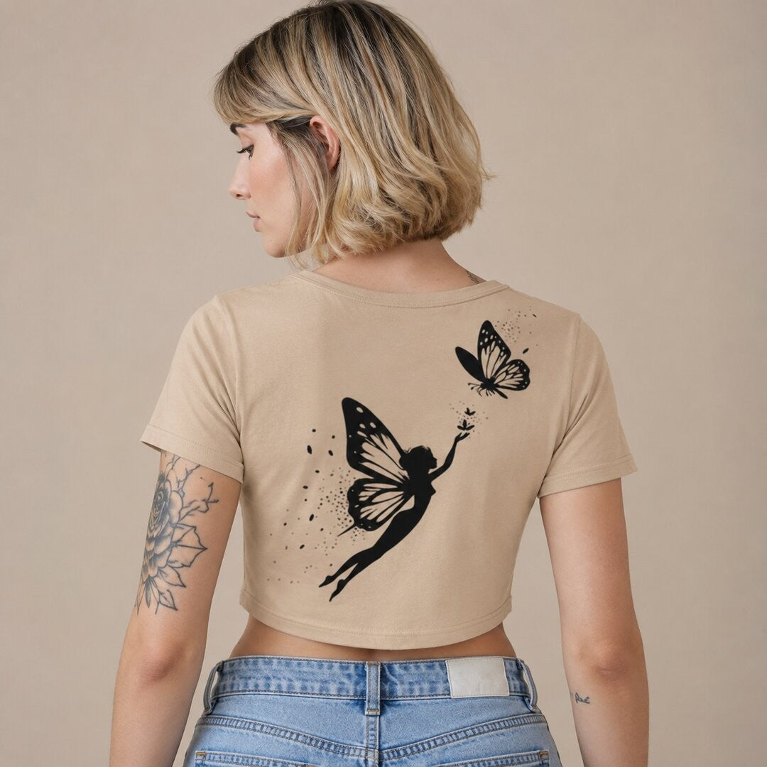 Butterfly lady Printed Round Neck Crop Pre-customized Tshirt for Women