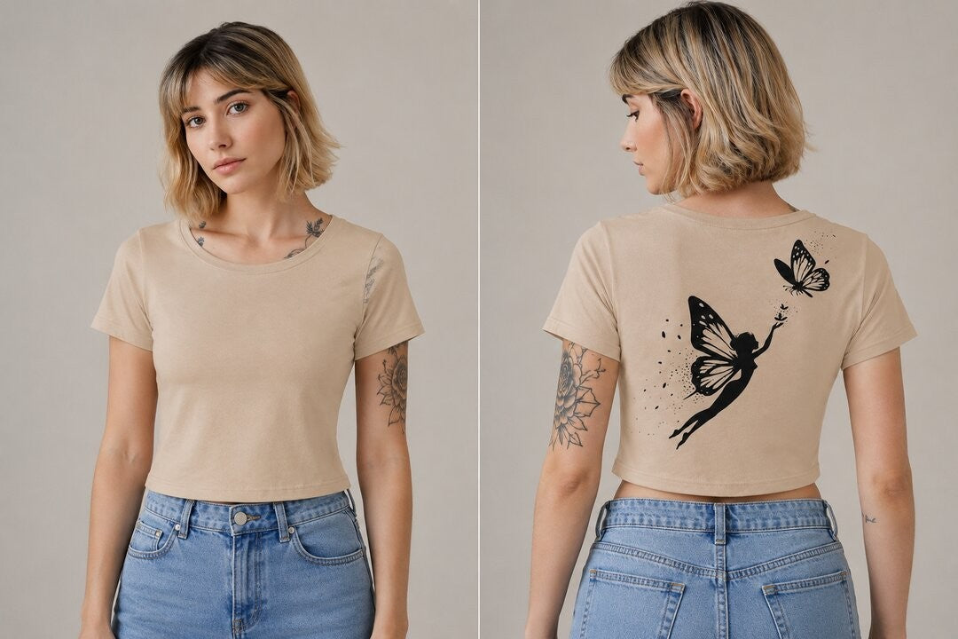 Butterfly lady Printed Round Neck Crop Pre-customized Tshirt for Women