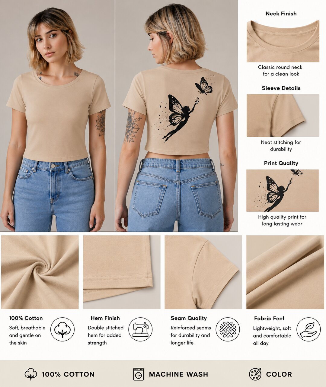 Butterfly lady Printed Round Neck Crop Pre-customized Tshirt for Women