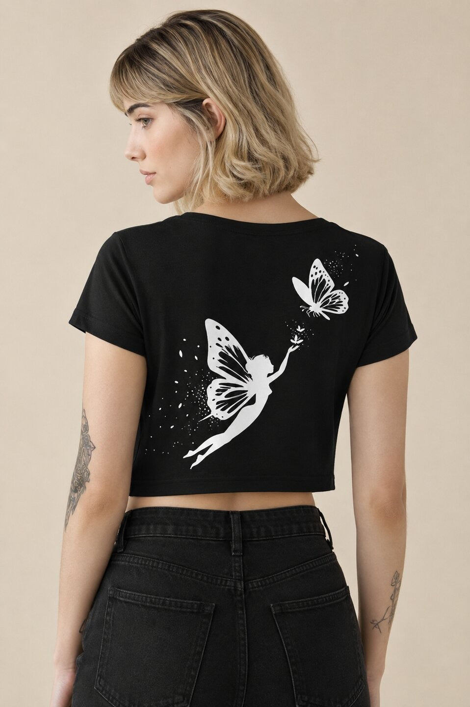 Butterfly lady Printed Round Neck Crop Pre-customized Tshirt for Women