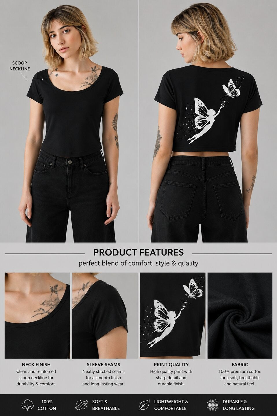 Butterfly lady Printed Round Neck Crop Pre-customized Tshirt for Women