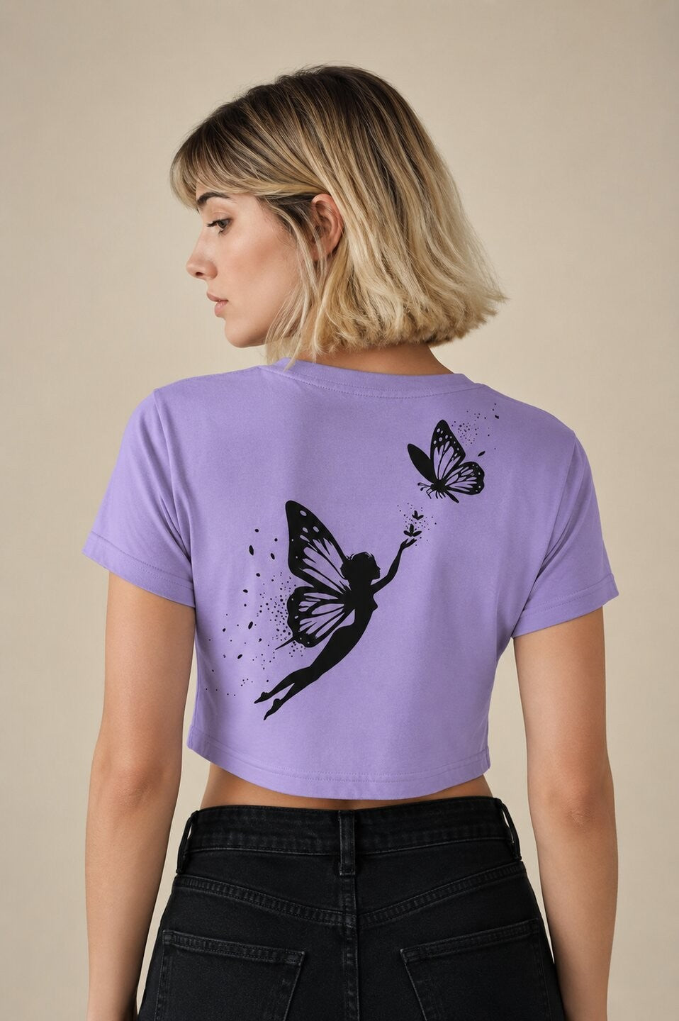 Butterfly lady Printed Round Neck Crop Pre-customized Tshirt for Women