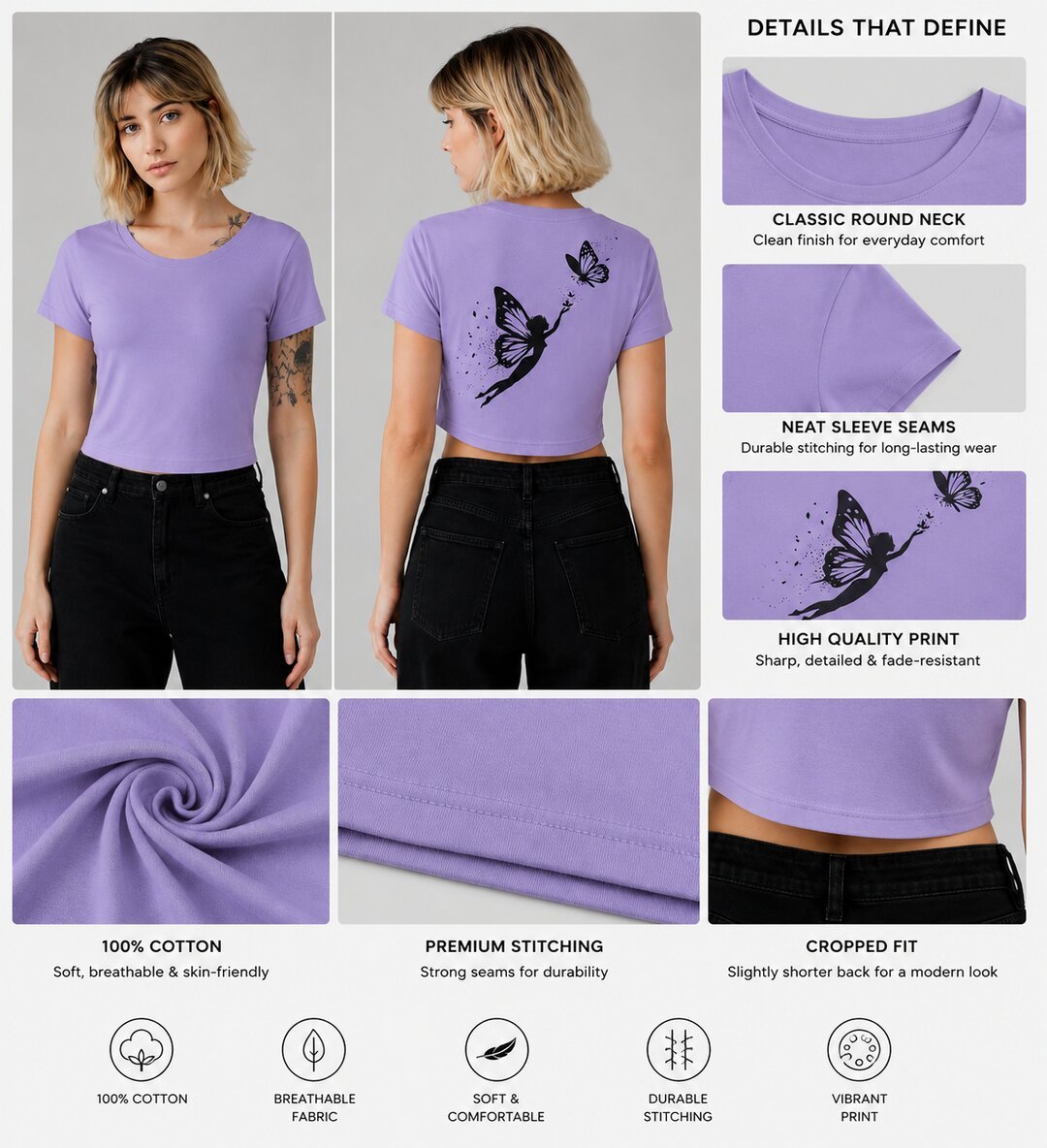 Butterfly lady Printed Round Neck Crop Pre-customized Tshirt for Women