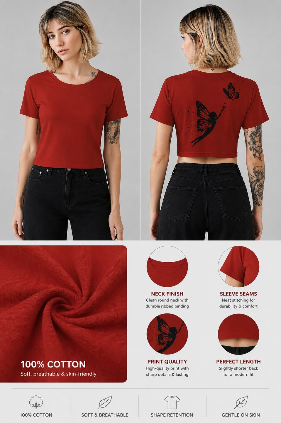 Butterfly lady Printed Round Neck Crop Pre-customized Tshirt for Women
