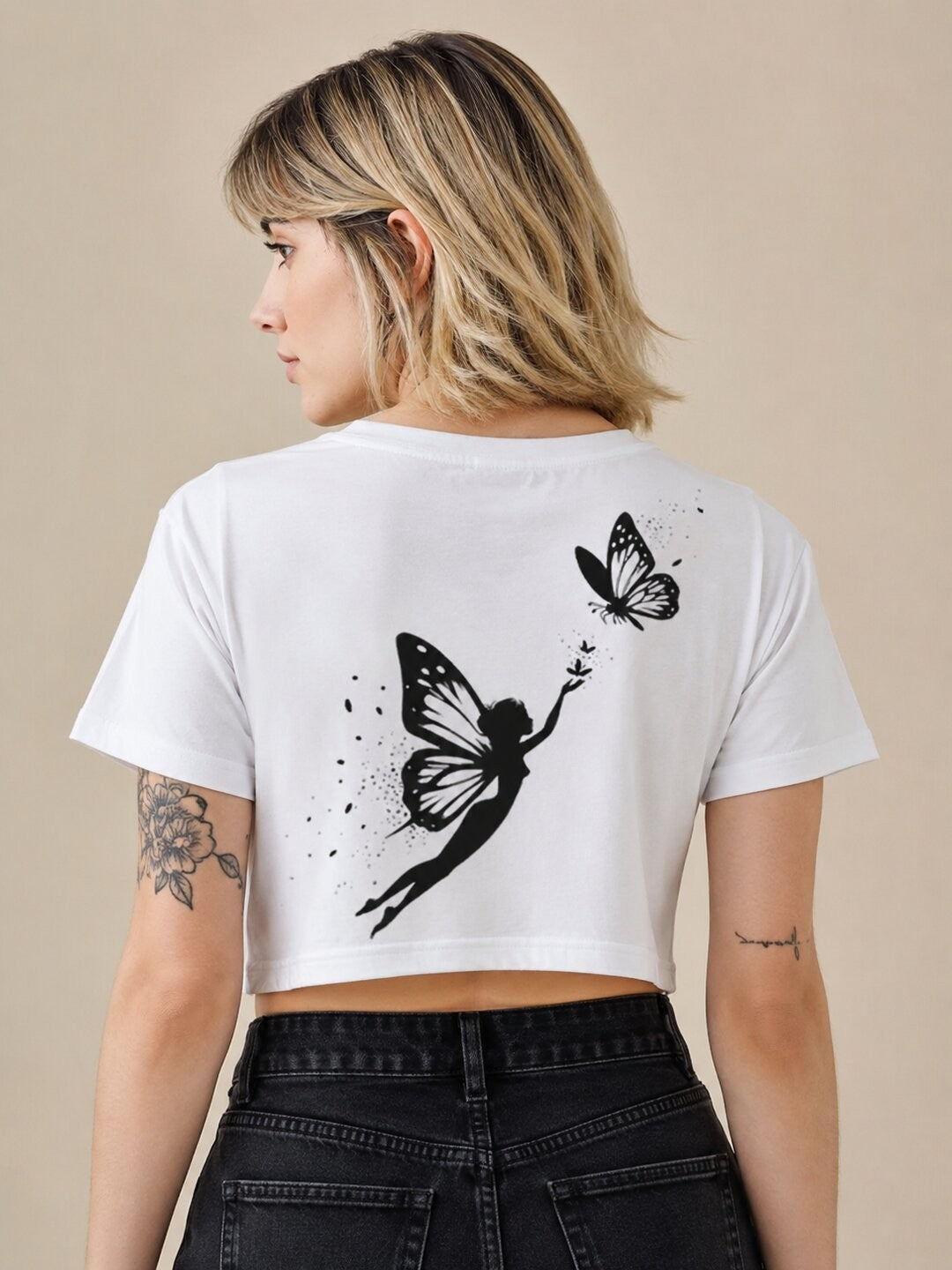 Butterfly lady Printed Round Neck Crop Pre-customized Tshirt for Women