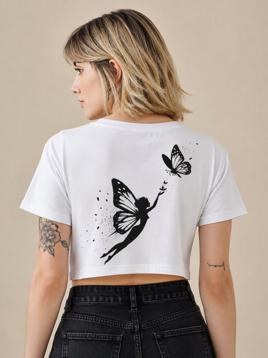 Butterfly lady Printed Round Neck Crop Pre-customized Tshirt for Women