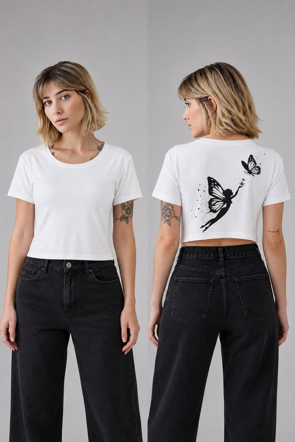 Butterfly lady Printed Round Neck Crop Pre-customized Tshirt for Women