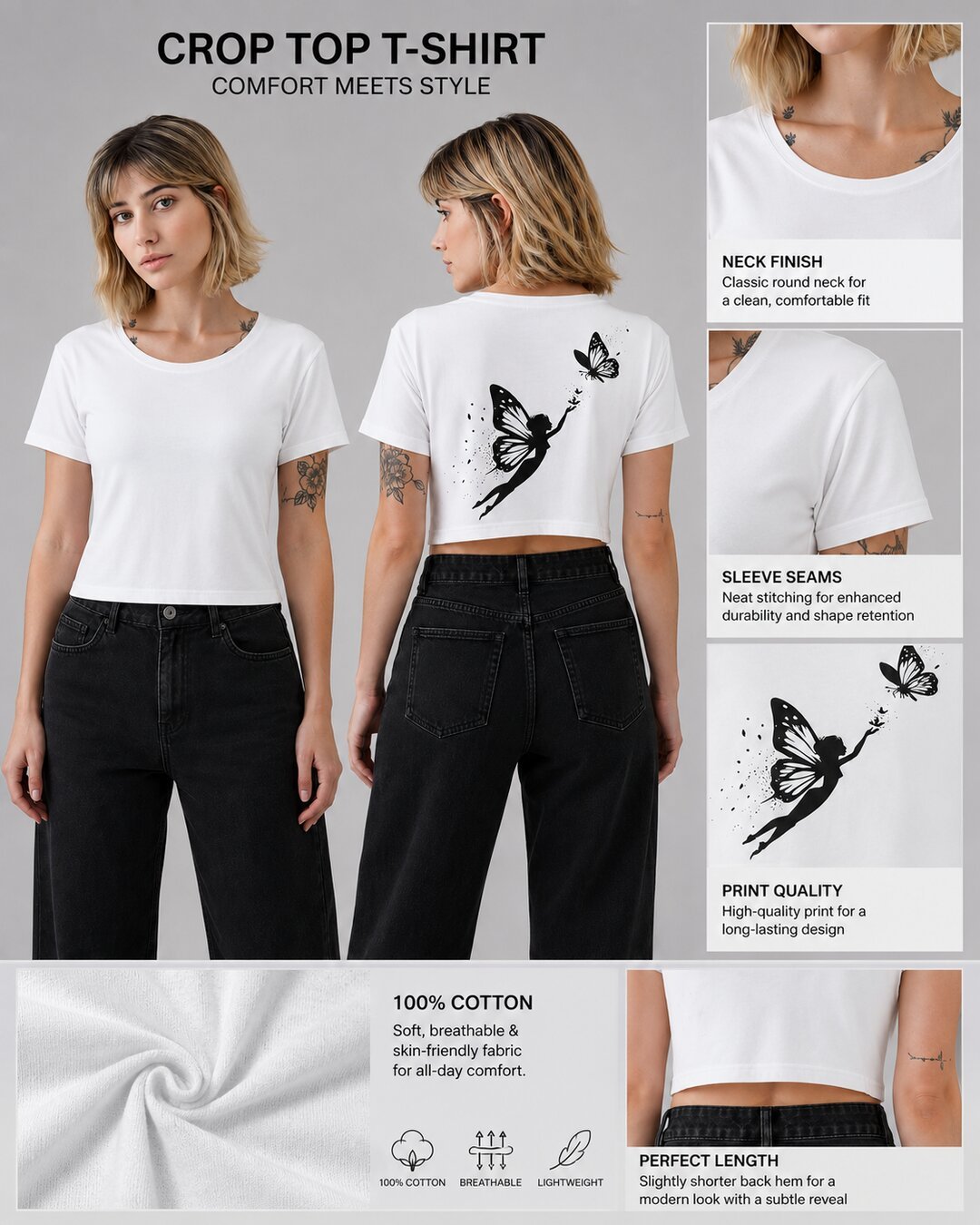 Butterfly lady Printed Round Neck Crop Pre-customized Tshirt for Women