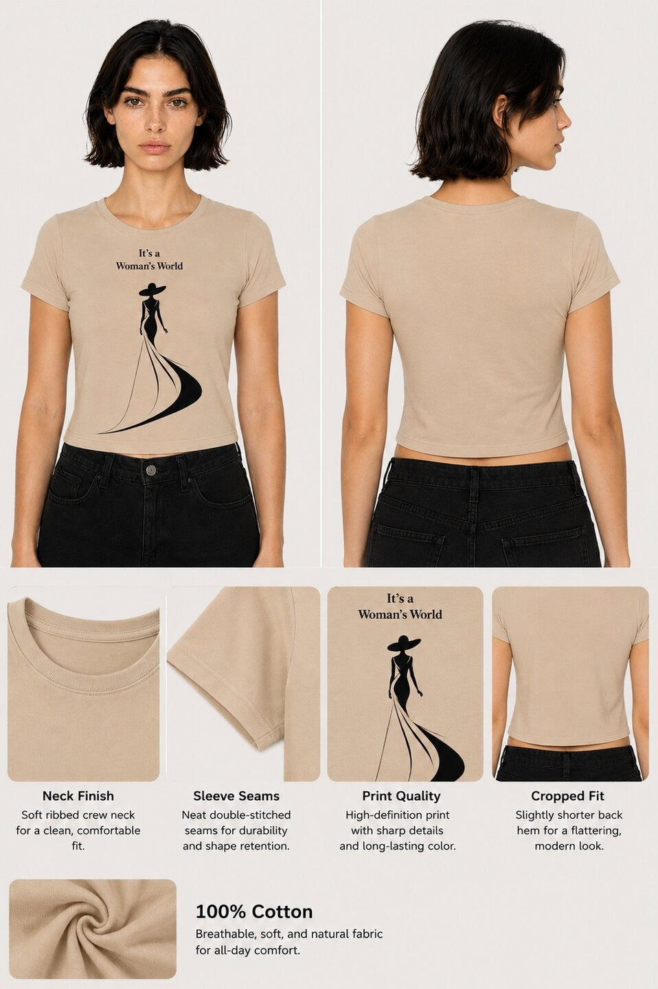 Elegance Printed Round Neck Crop Pre-customized Tshirt for Women