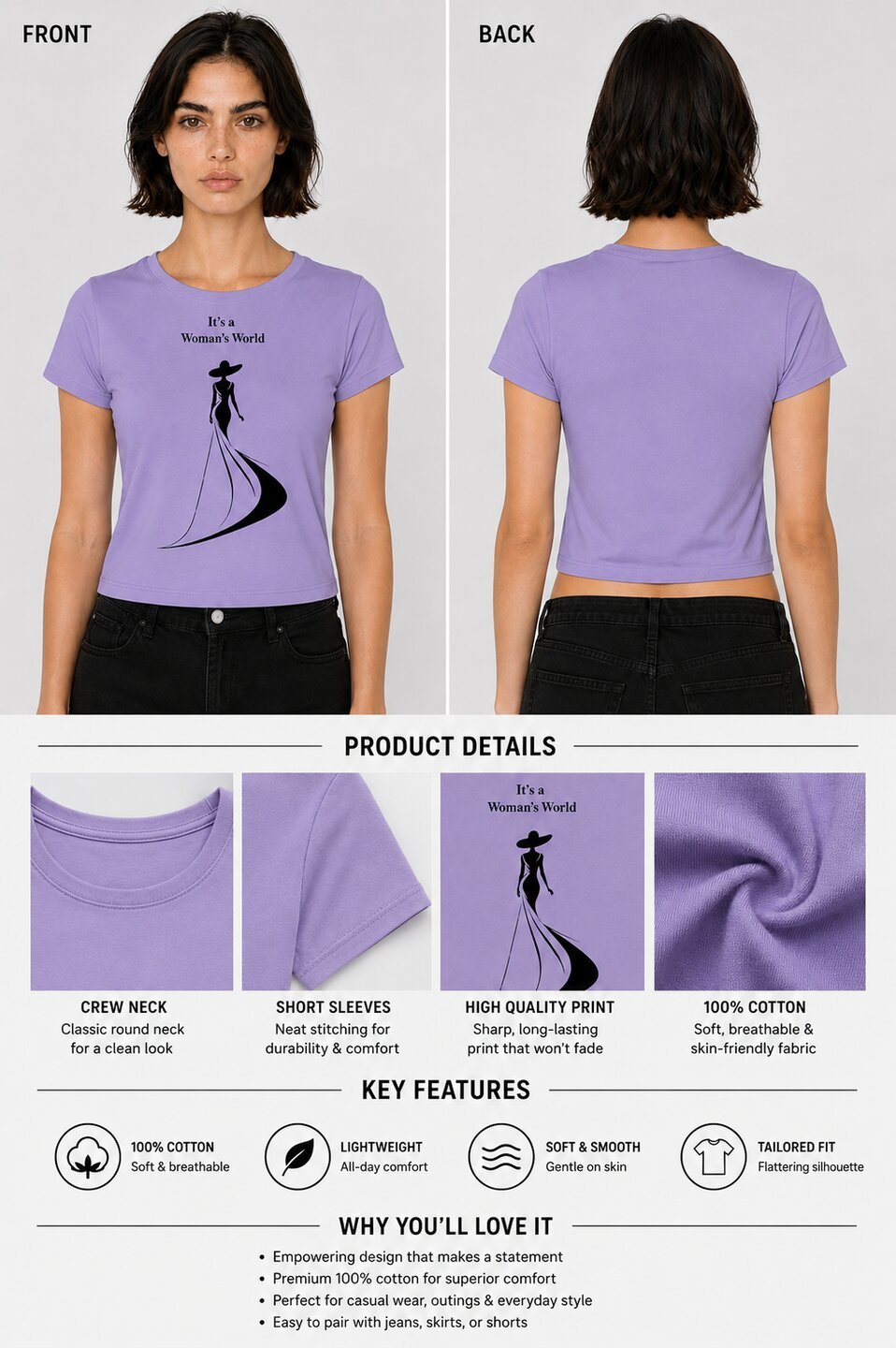 Elegance Printed Round Neck Crop Pre-customized Tshirt for Women