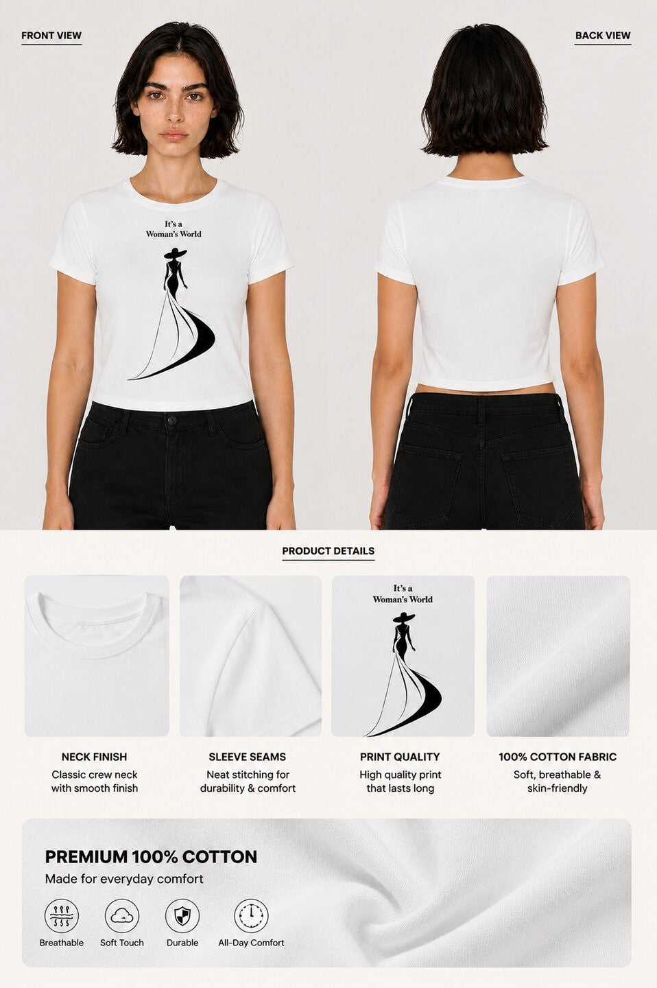 Elegance Printed Round Neck Crop Pre-customized Tshirt for Women