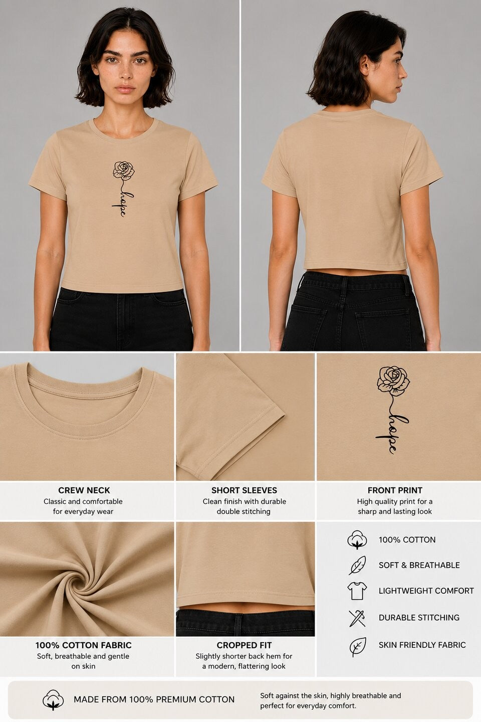 Rose Printed Round Neck Crop Pre-customized Tshirt for Women