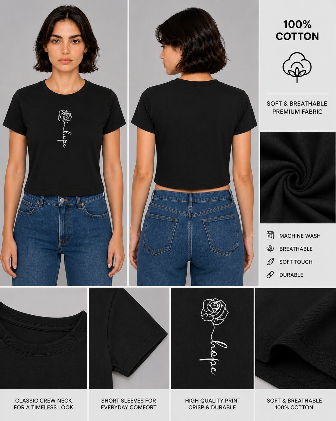 Rose Printed Round Neck Crop Pre-customized Tshirt for Women