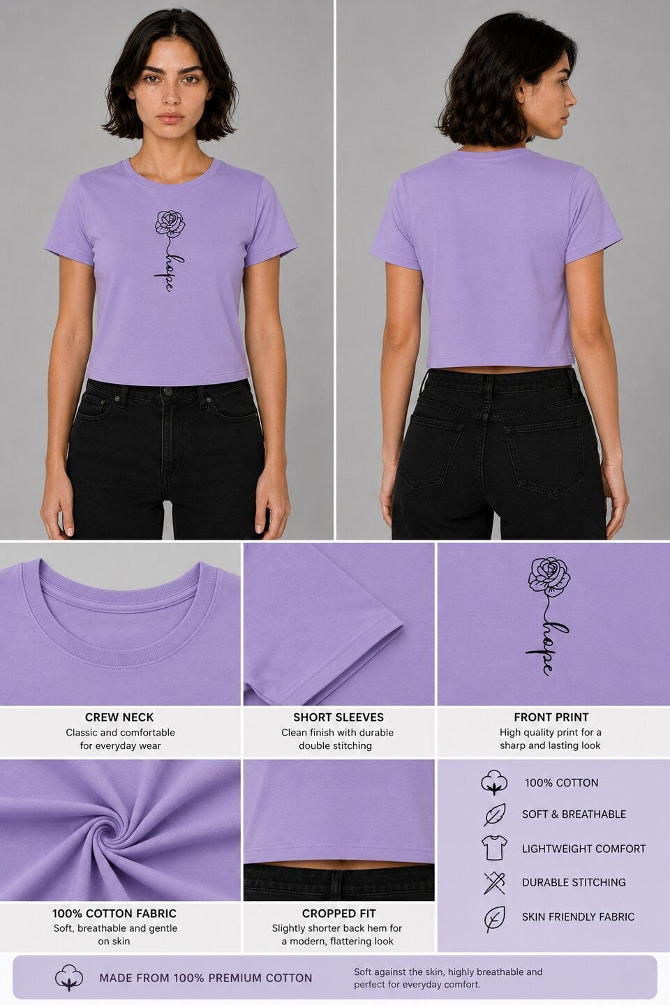 Rose Printed Round Neck Crop Pre-customized Tshirt for Women