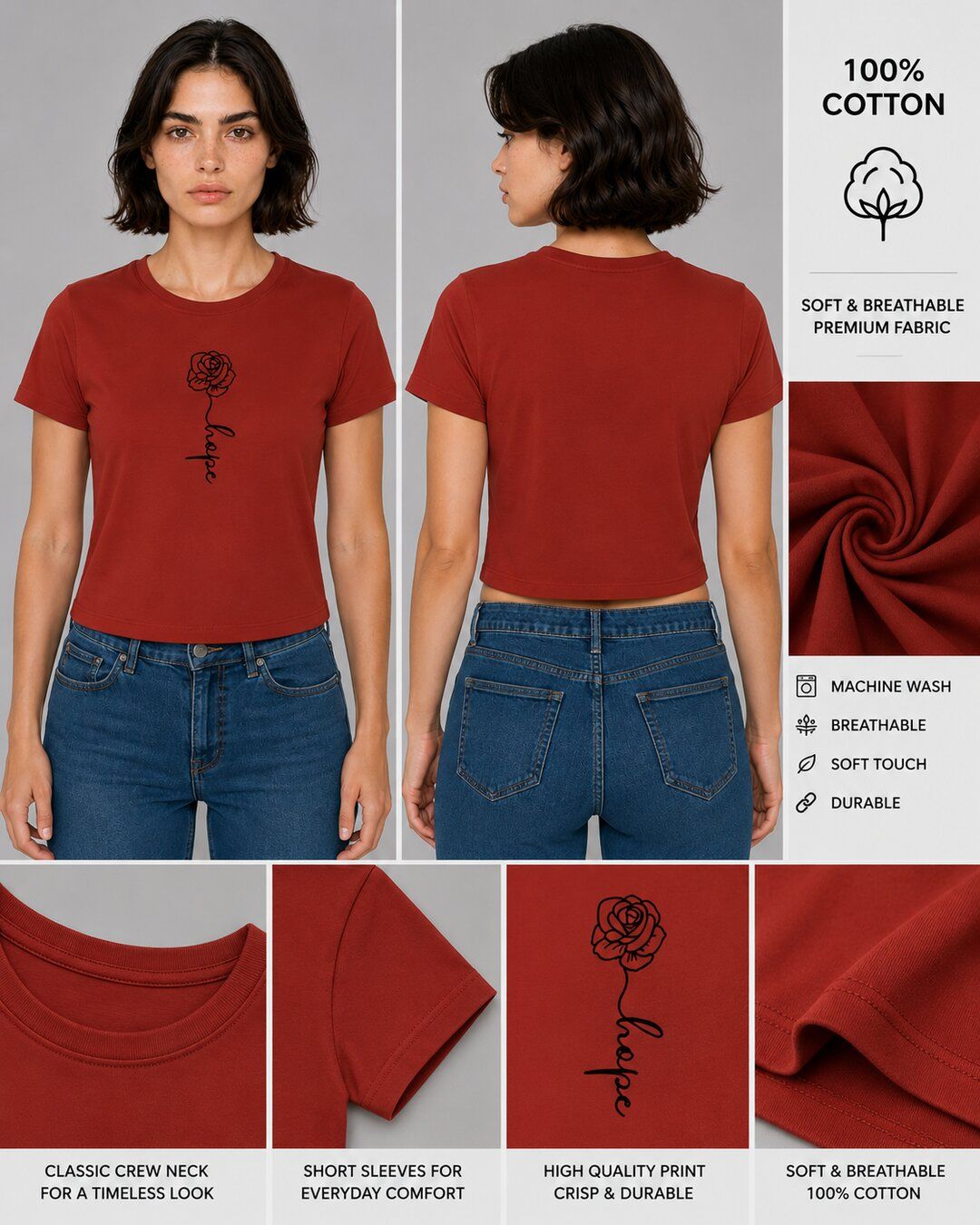 Rose Printed Round Neck Crop Pre-customized Tshirt for Women