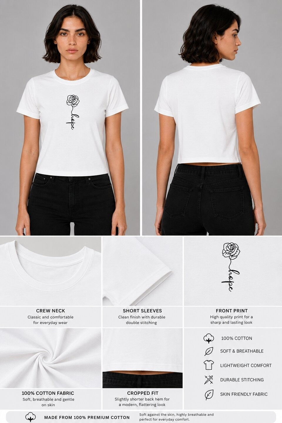 Rose Printed Round Neck Crop Pre-customized Tshirt for Women