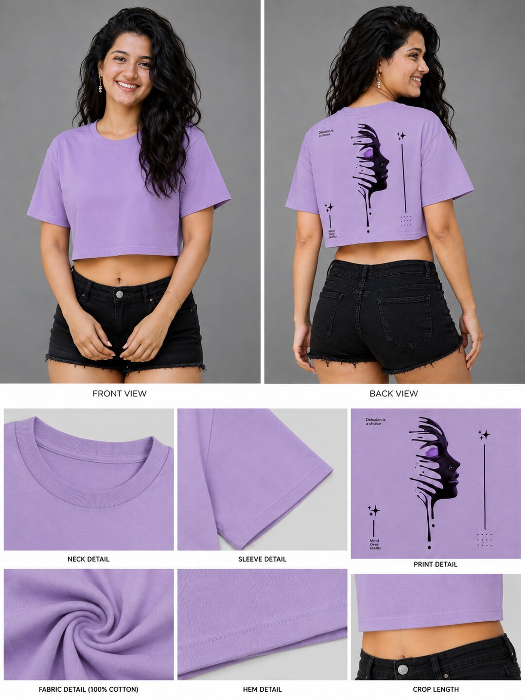 Delusion Printed Round Neck Crop Pre-customized Tshirt for Women