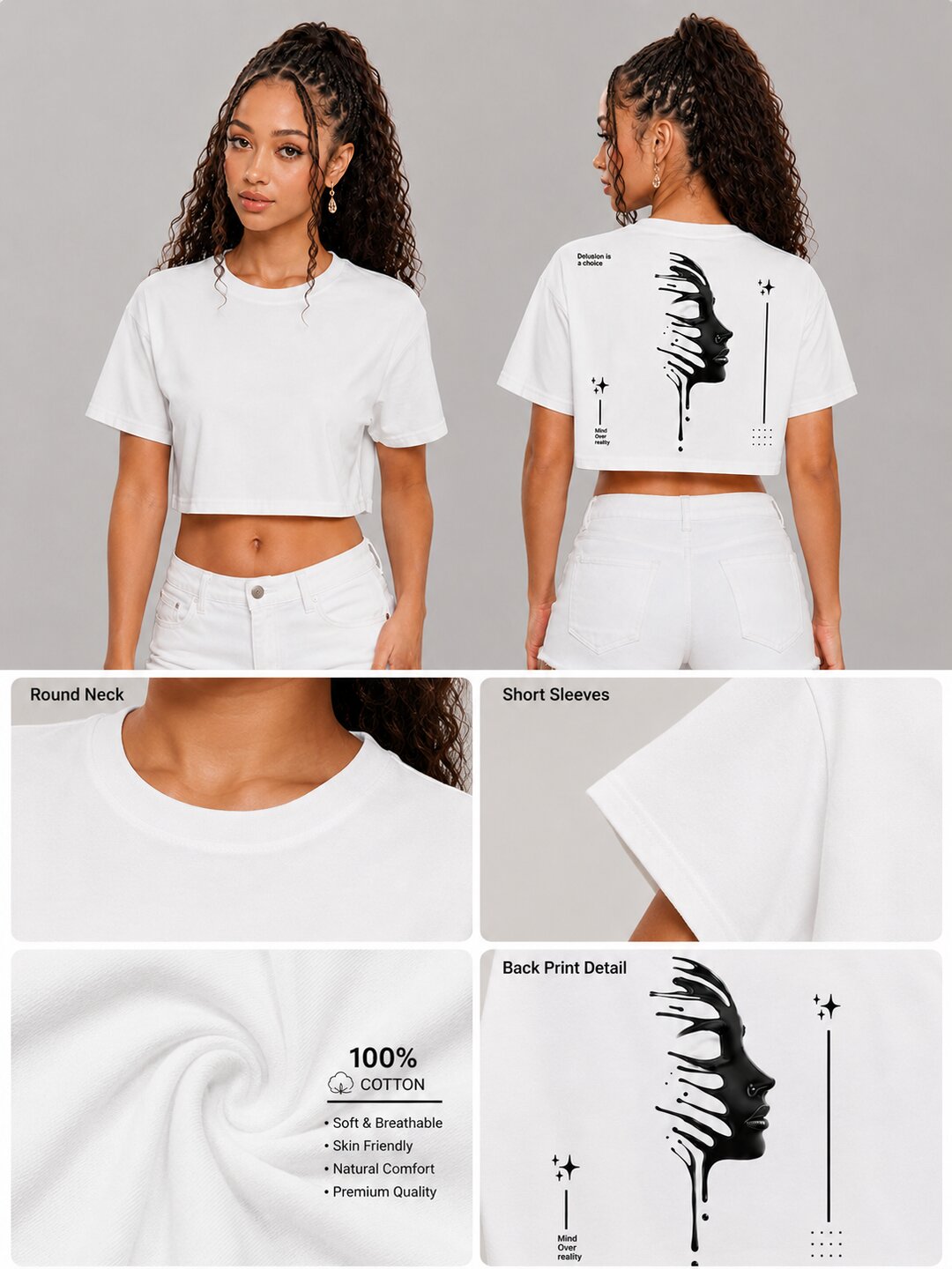 Delusion Printed Round Neck Crop Pre-customized Tshirt for Women
