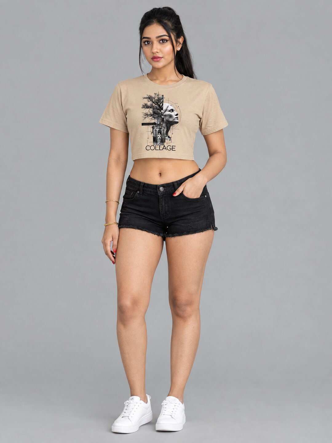 Collage Printed Round Neck Crop Pre-customized Tshirt for Women