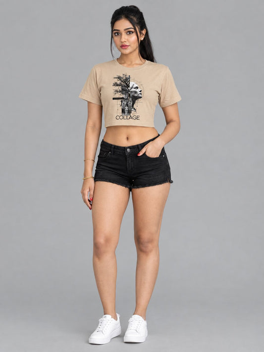Collage Printed Round Neck Crop Pre-customized Tshirt for Women