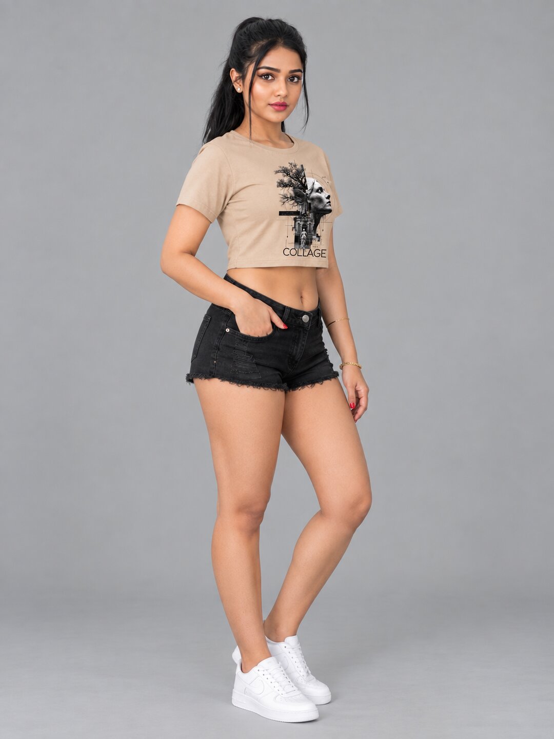 Collage Printed Round Neck Crop Pre-customized Tshirt for Women