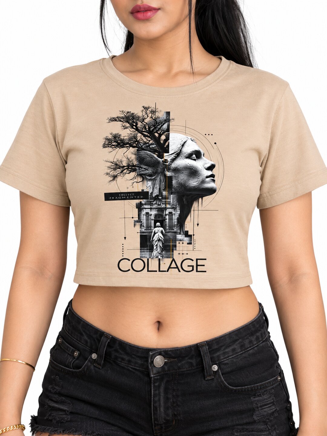 Collage Printed Round Neck Crop Pre-customized Tshirt for Women