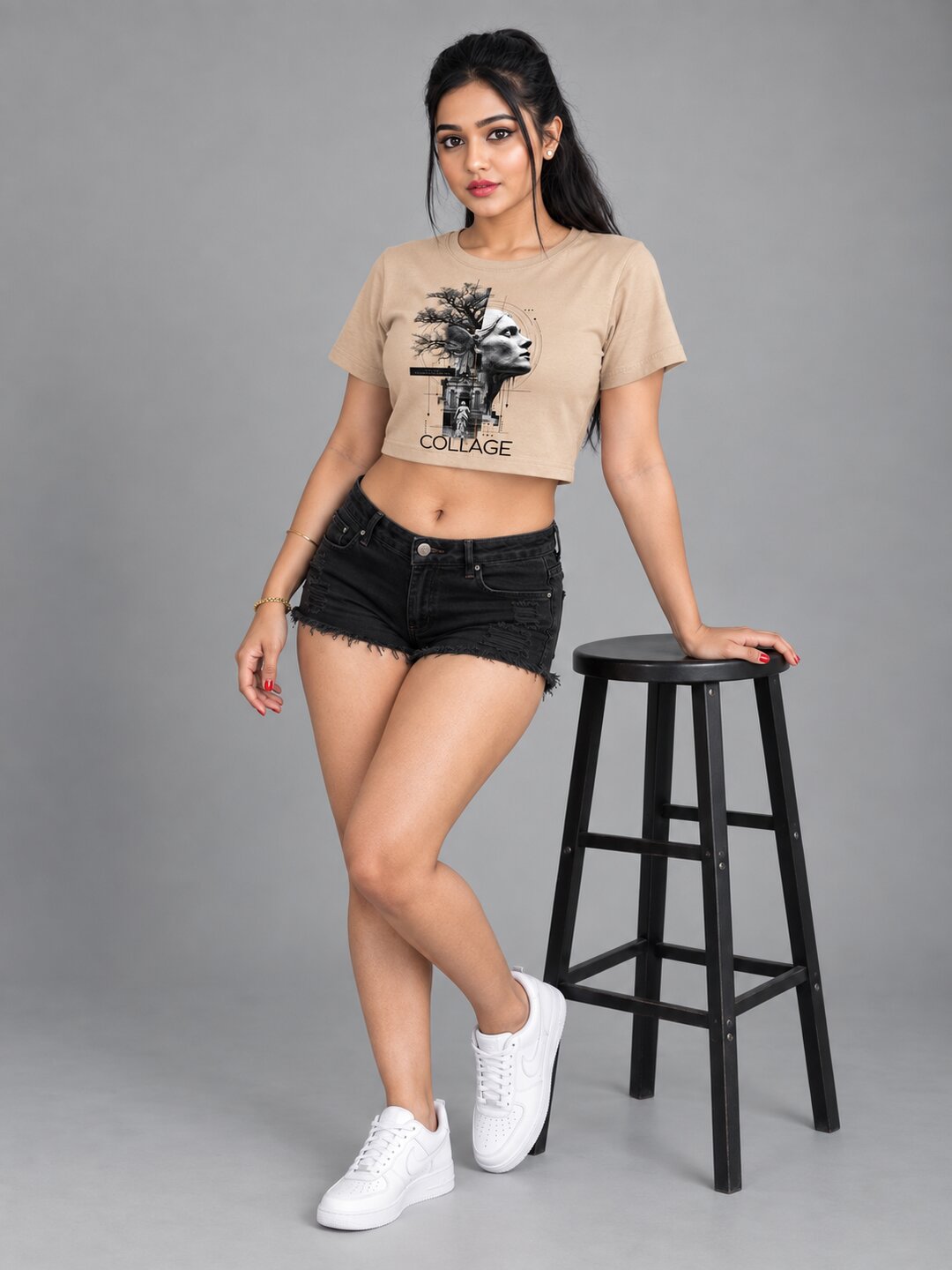 Collage Printed Round Neck Crop Pre-customized Tshirt for Women