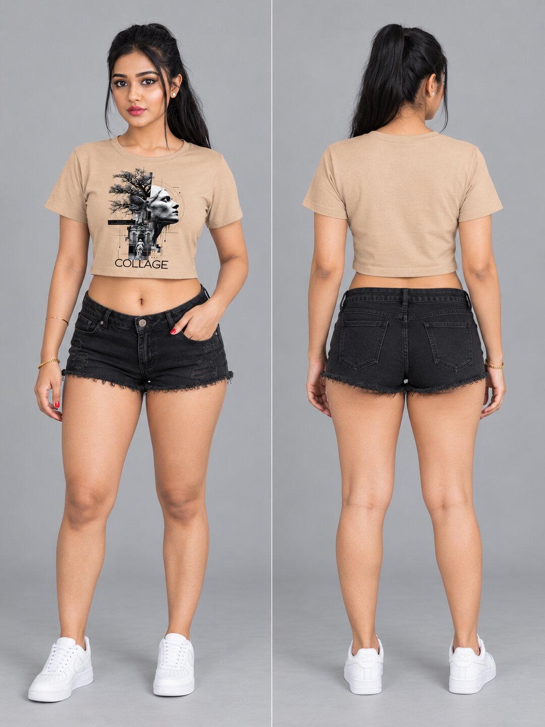 Collage Printed Round Neck Crop Pre-customized Tshirt for Women