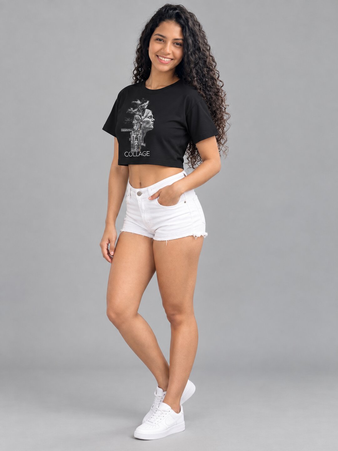 Collage Printed Round Neck Crop Pre-customized Tshirt for Women