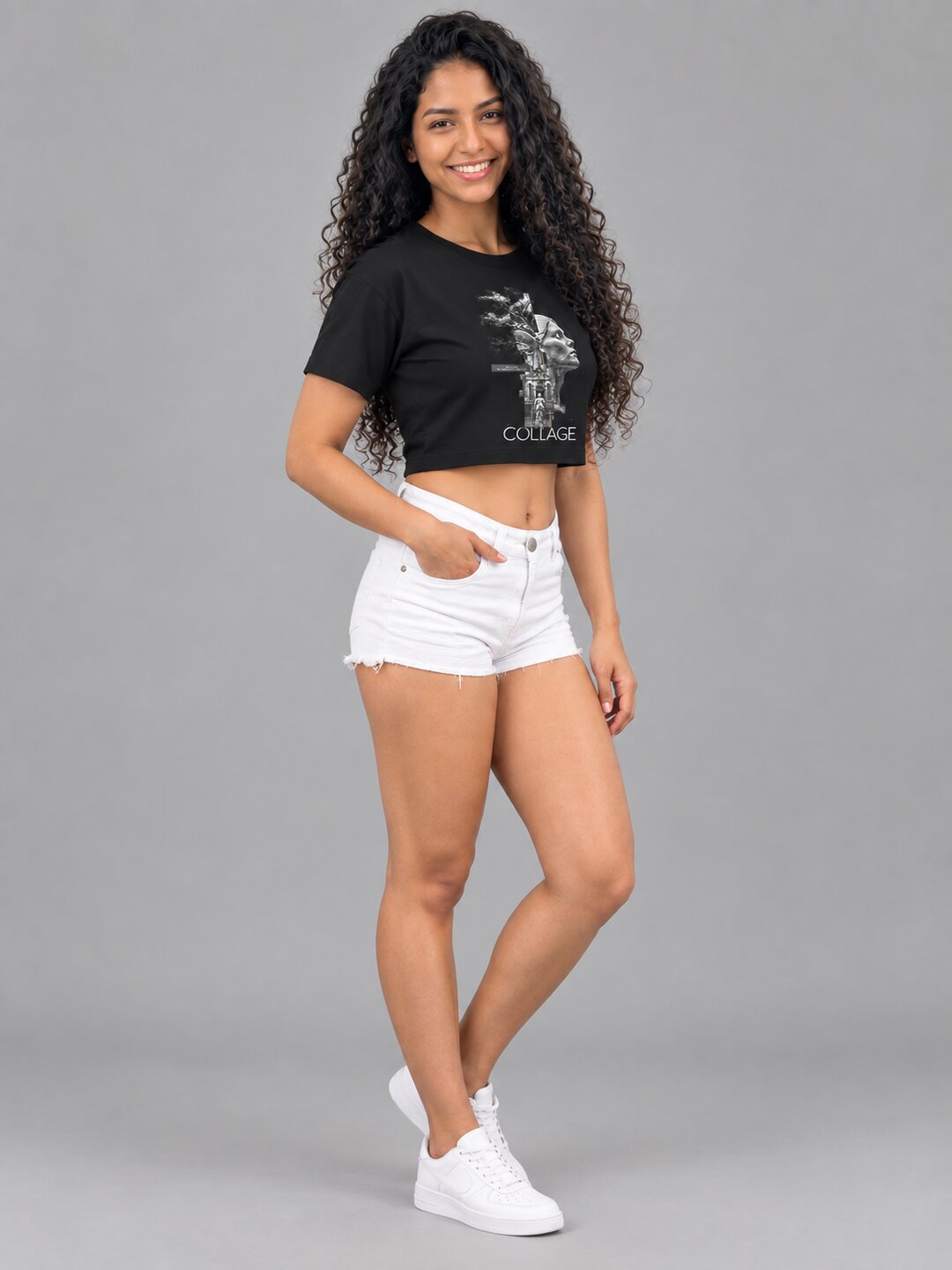 Collage Printed Round Neck Crop Pre-customized Tshirt for Women