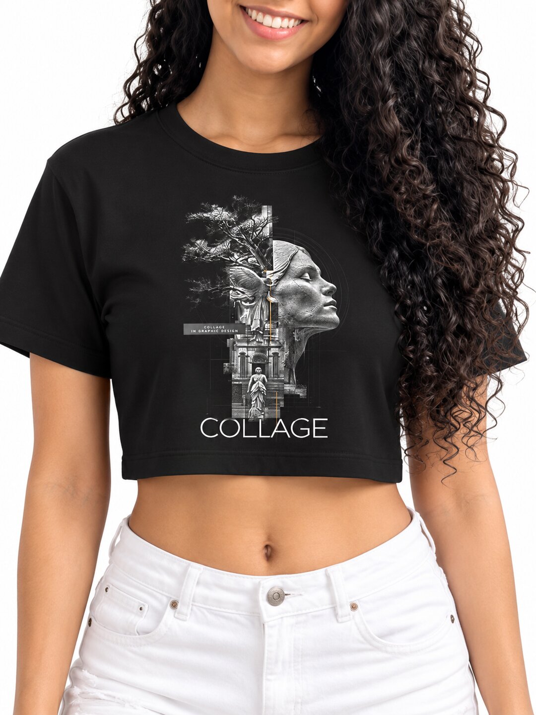 Collage Printed Round Neck Crop Pre-customized Tshirt for Women