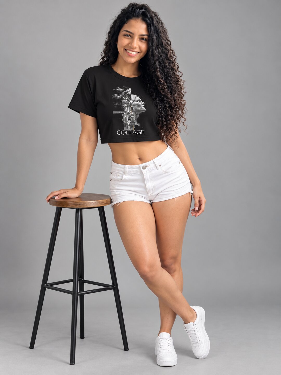 Collage Printed Round Neck Crop Pre-customized Tshirt for Women