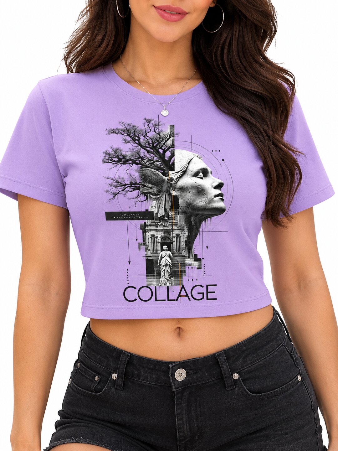 Collage Printed Round Neck Crop Pre-customized Tshirt for Women