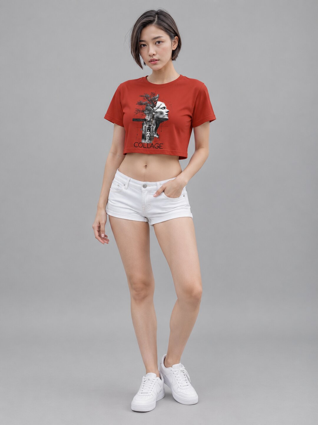Collage Printed Round Neck Crop Pre-customized Tshirt for Women
