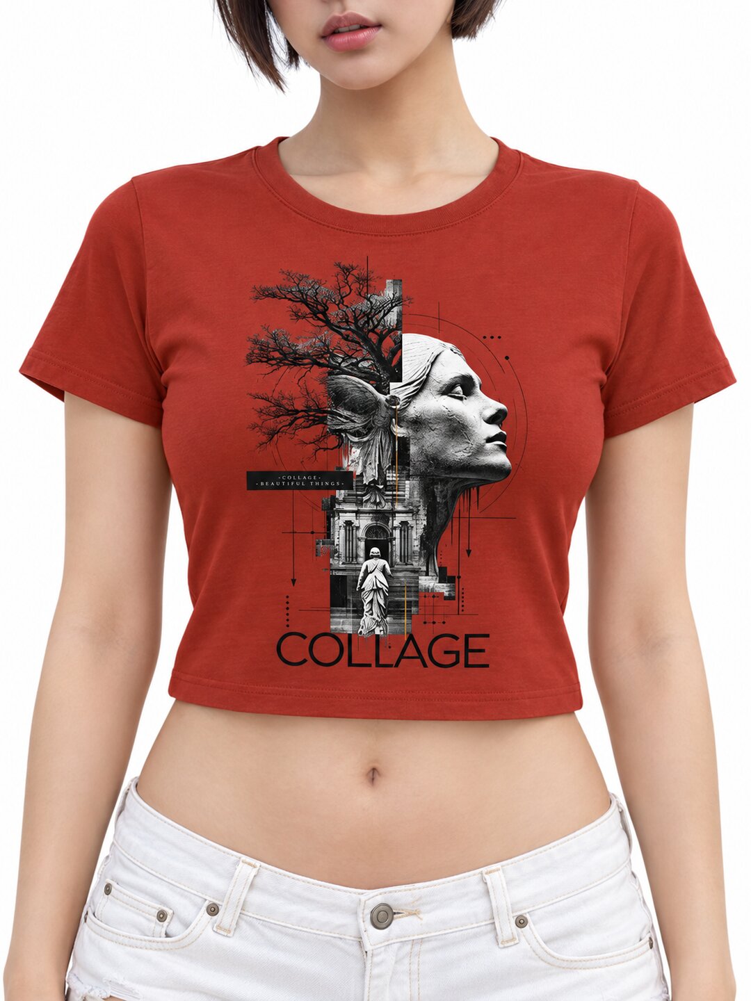 Collage Printed Round Neck Crop Pre-customized Tshirt for Women