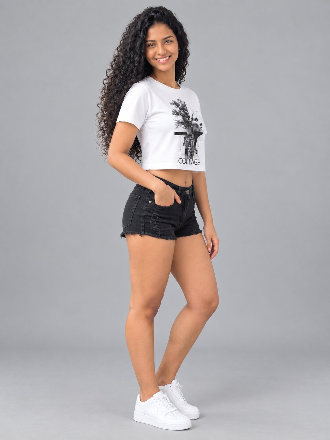 Collage Printed Round Neck Crop Pre-customized Tshirt for Women