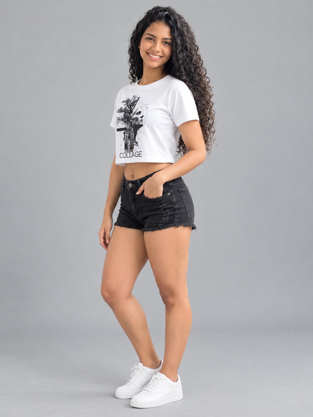 Collage Printed Round Neck Crop Pre-customized Tshirt for Women