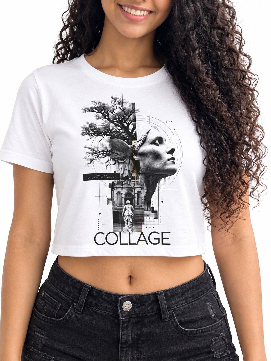 Collage Printed Round Neck Crop Pre-customized Tshirt for Women