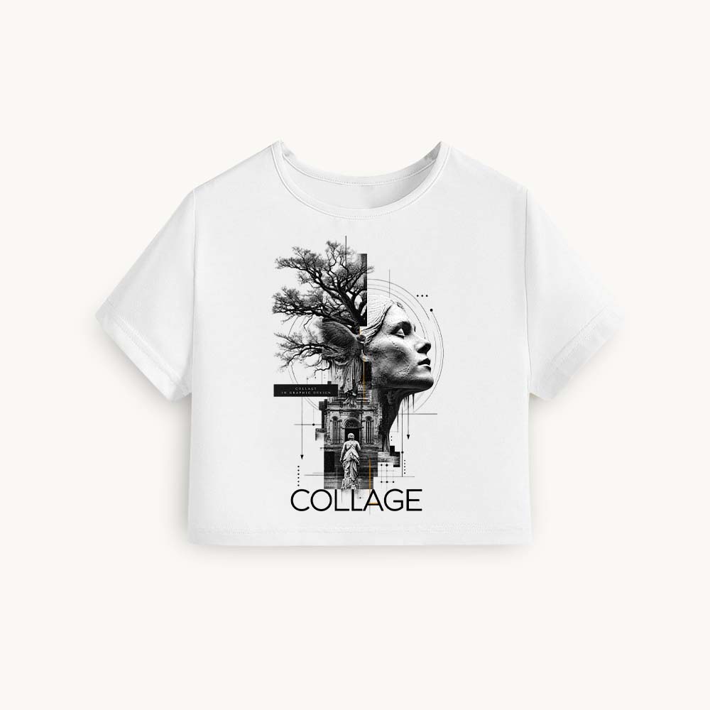 Collage Printed Round Neck Crop Pre-customized Tshirt for Women
