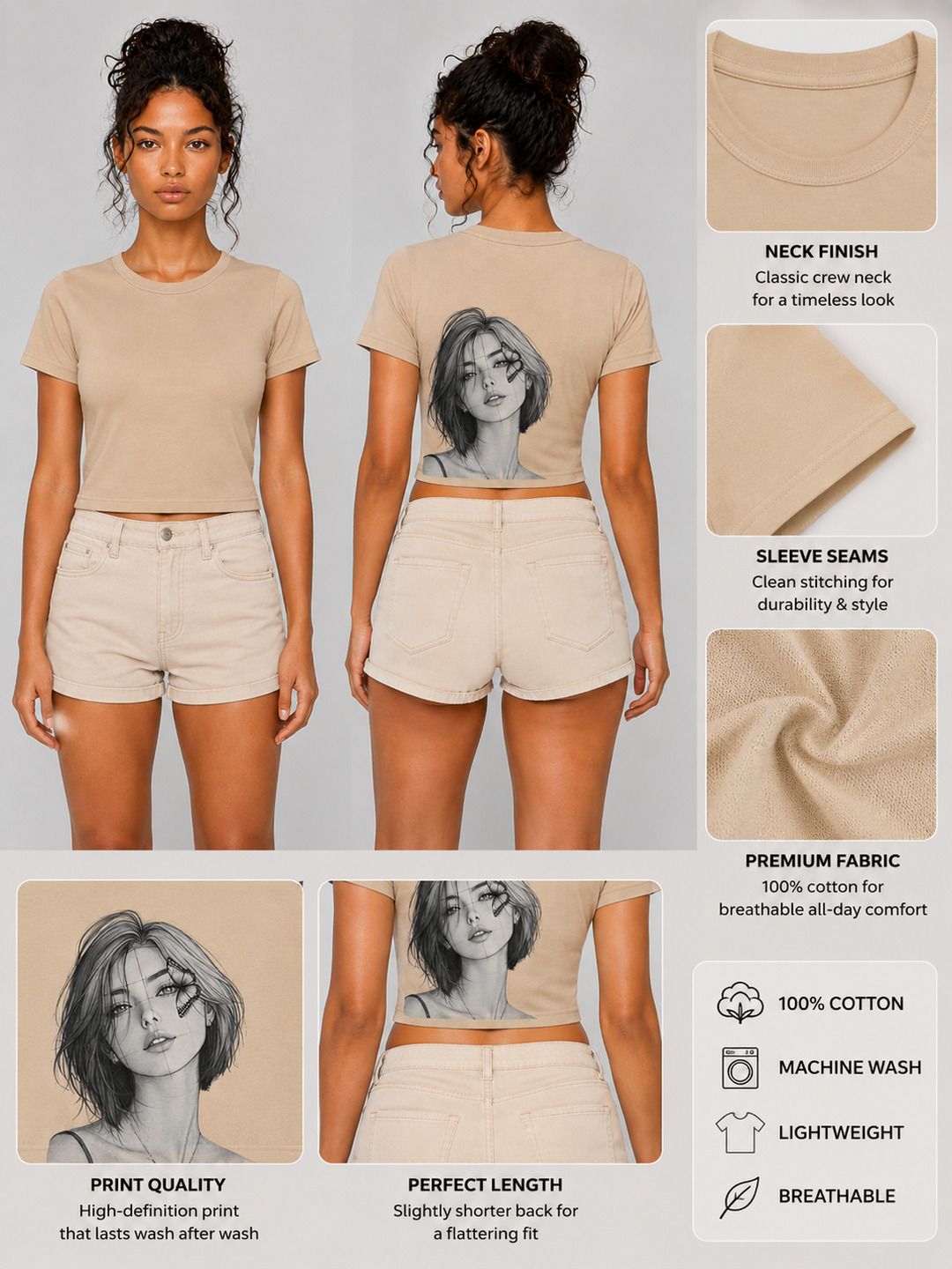 Beautify Printed Round Neck Crop Pre-customized Tshirt for Women