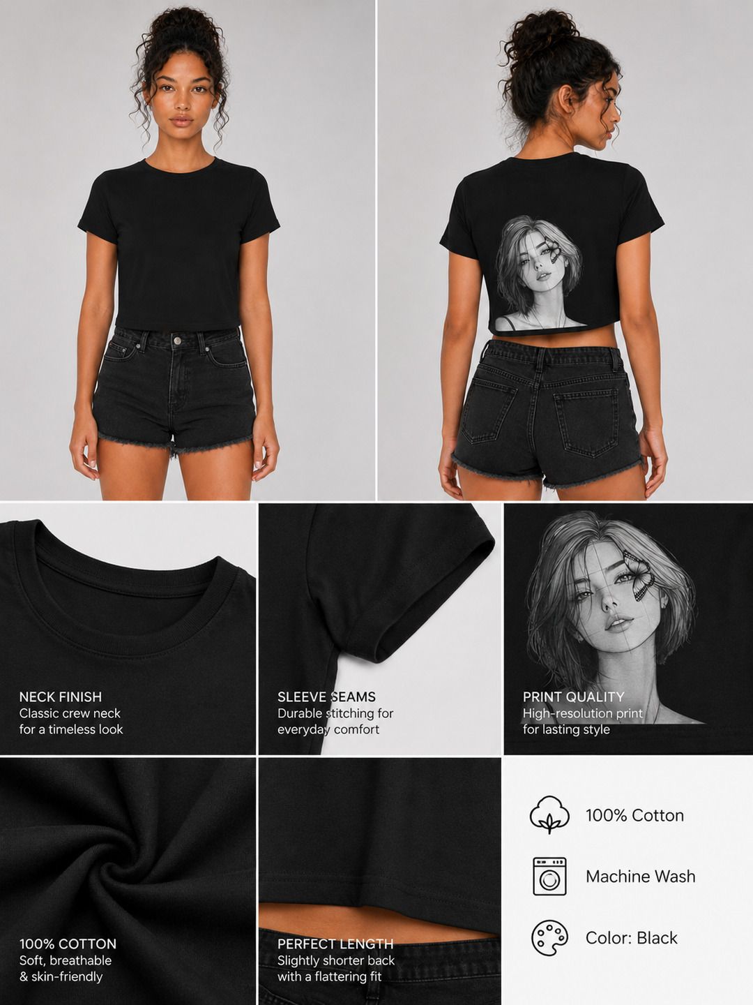 Beautify Printed Round Neck Crop Pre-customized Tshirt for Women