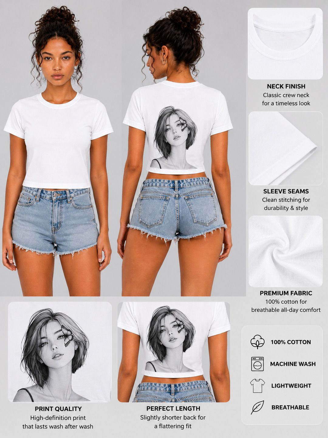 Beautify Printed Round Neck Crop Pre-customized Tshirt for Women