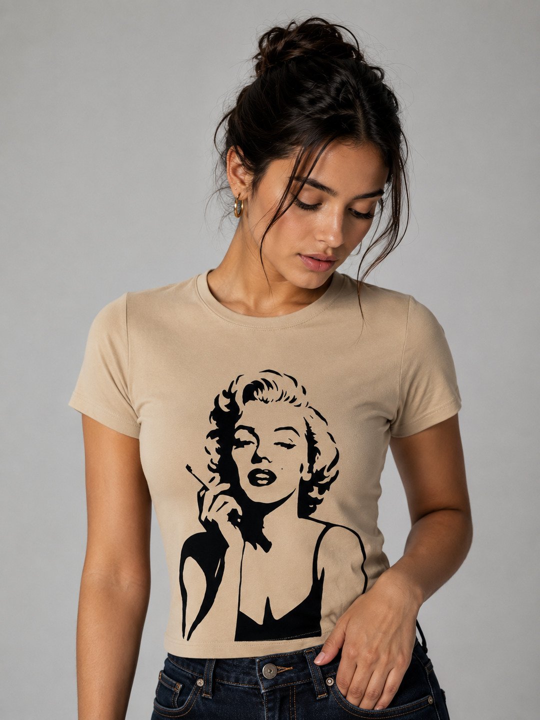 Marylin Monroe Printed Round Neck Crop Pre-customized Tshirt for Women