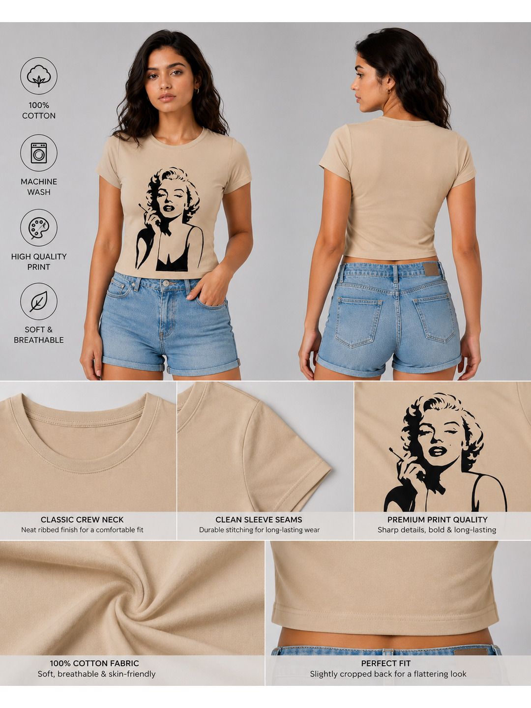 Marylin Monroe Printed Round Neck Crop Pre-customized Tshirt for Women