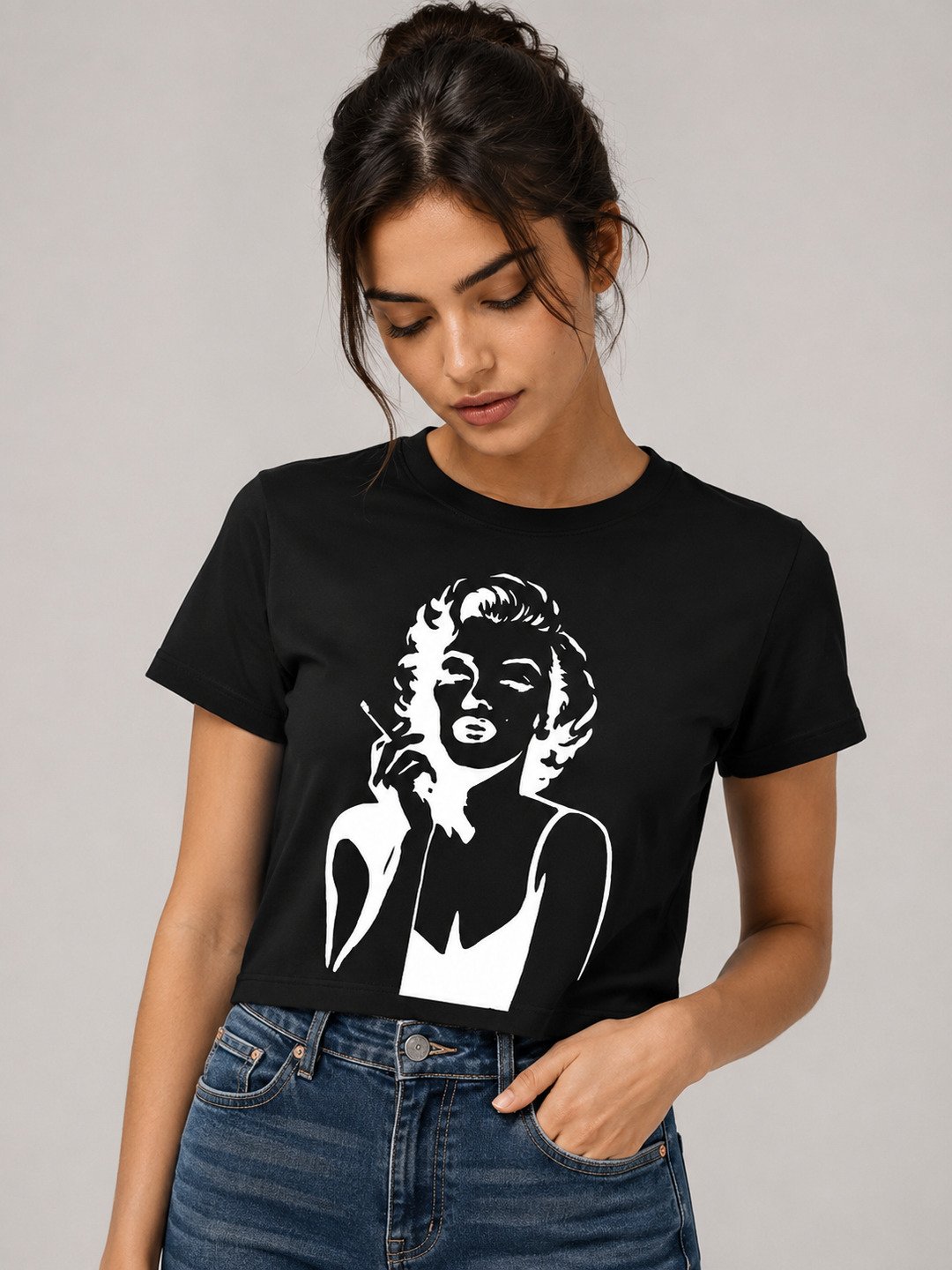 Marylin Monroe Printed Round Neck Crop Pre-customized Tshirt for Women