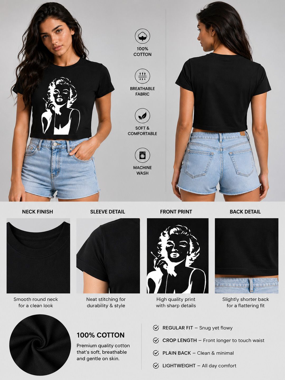 Marylin Monroe Printed Round Neck Crop Pre-customized Tshirt for Women