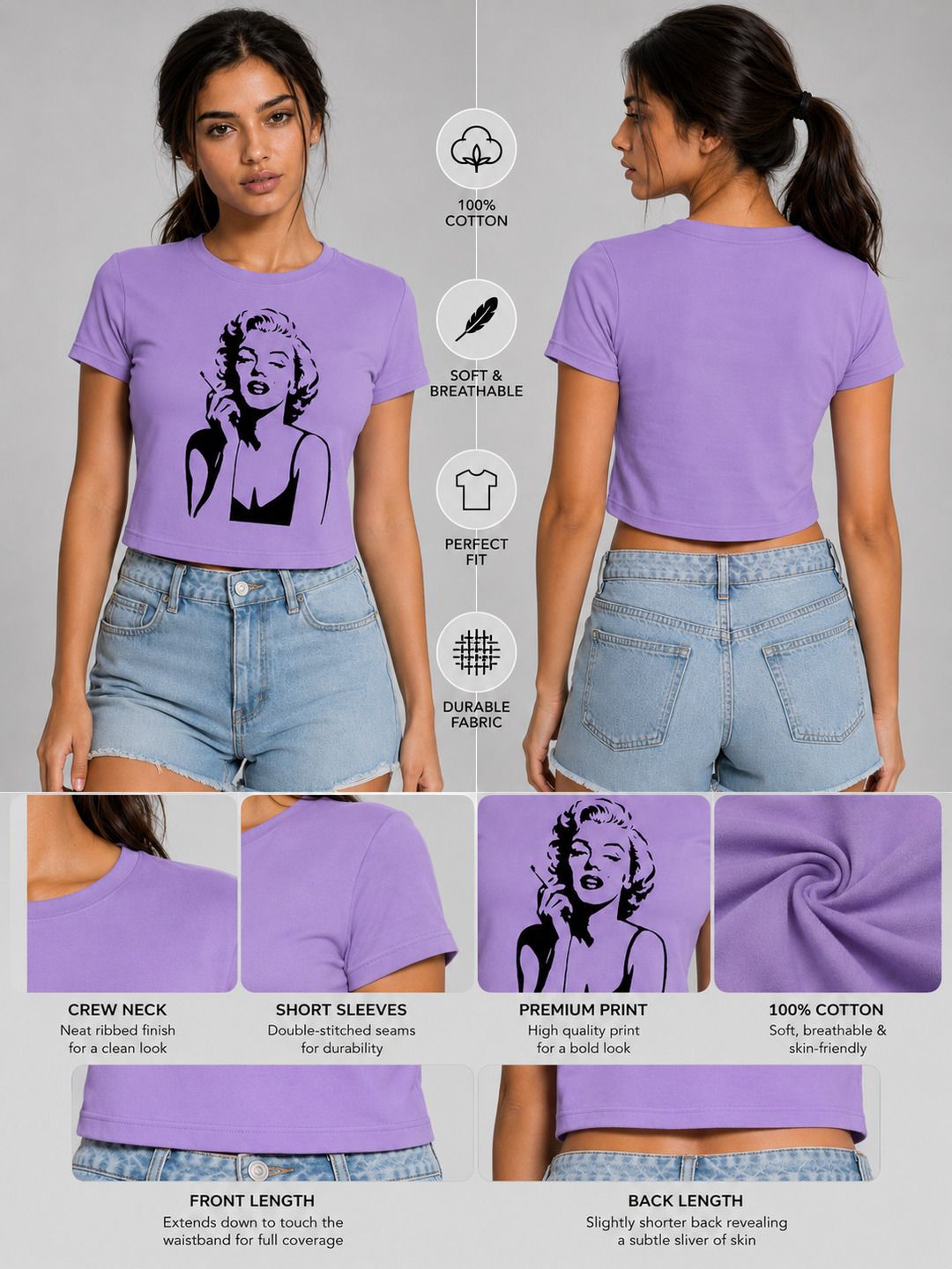 Marylin Monroe Printed Round Neck Crop Pre-customized Tshirt for Women