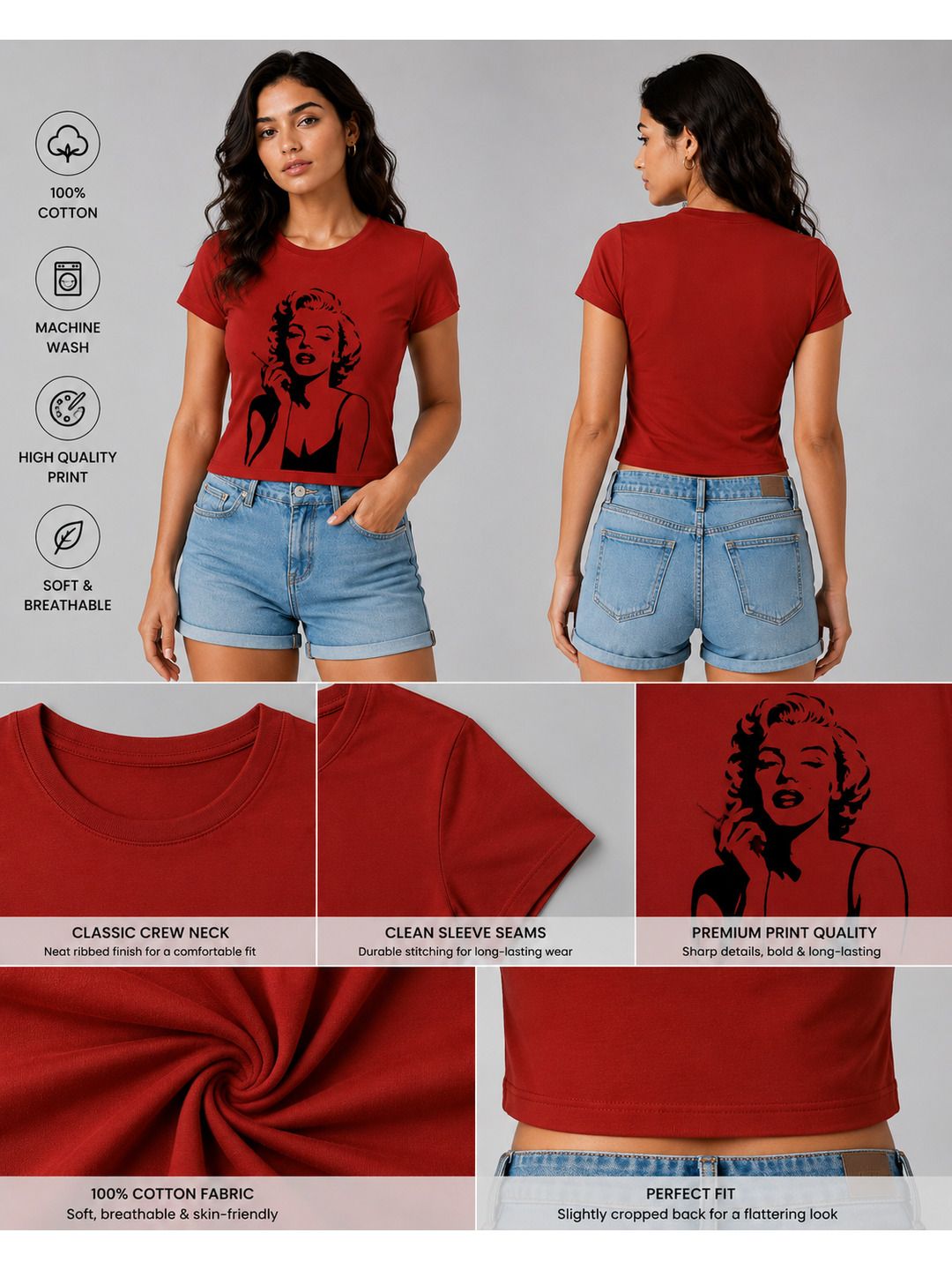 Marylin Monroe Printed Round Neck Crop Pre-customized Tshirt for Women