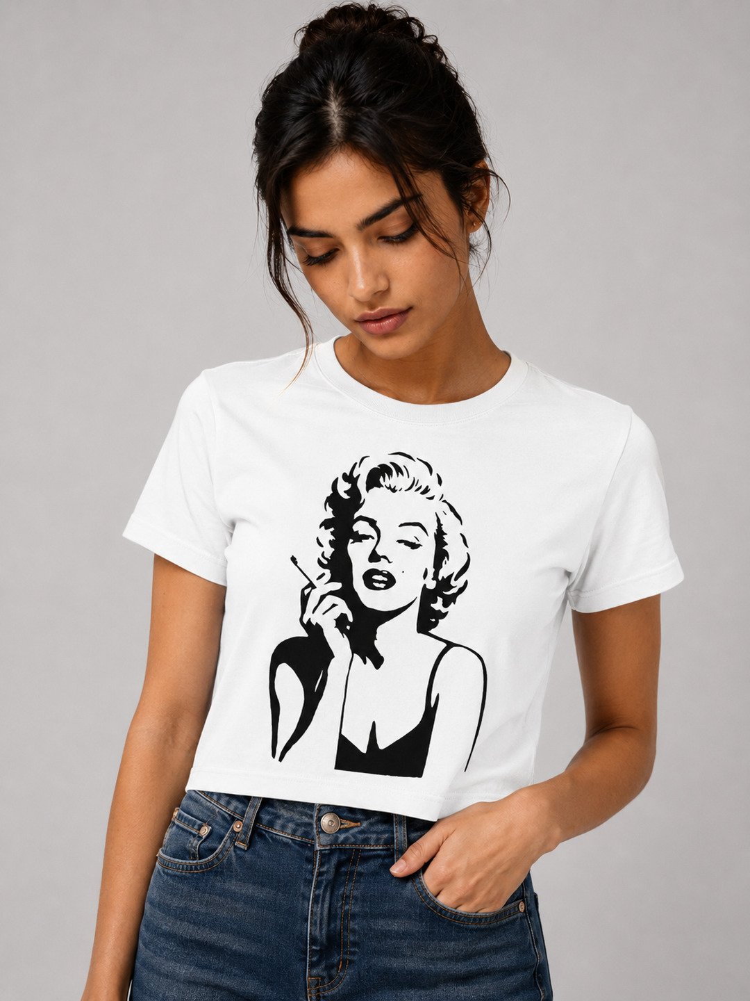 Marylin Monroe Printed Round Neck Crop Pre-customized Tshirt for Women